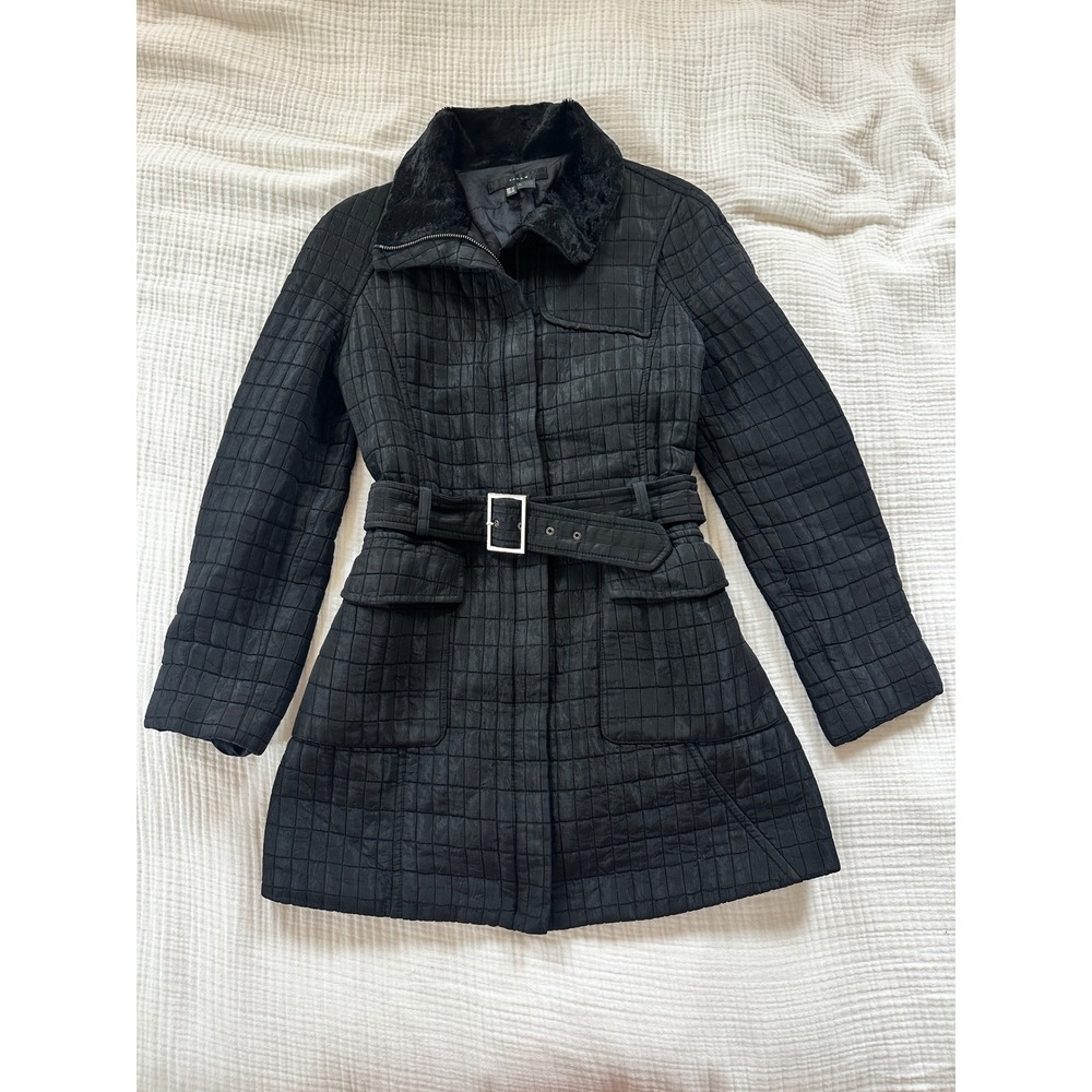 Zara Quilted Jacket Black Fur Collar Belted Mob Wife Vintage Y2K Coat M Medium